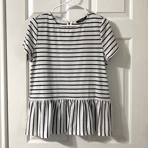 White with grey stripes short sleeve knit top with flare ruffle at hemline